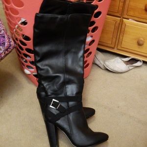Justfab black wide calf heeled boots